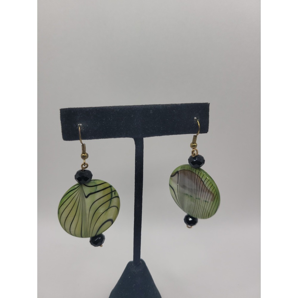 Handmade Lime Green Black Swirl Disc Dangle Earrings Gold Tone Fishhook Boho